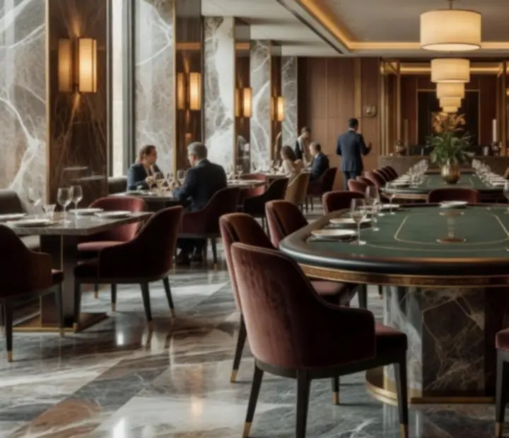 Világos, luxus étterem és elegáns póker lounge, ahol vendégek gourmet vacsorát és exkluzív póker estet élveznek.