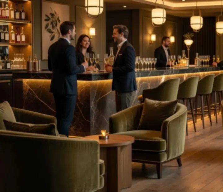 Elegáns lounge bár design fotelekkel, meleg fényekkel és márvány bárpulttal