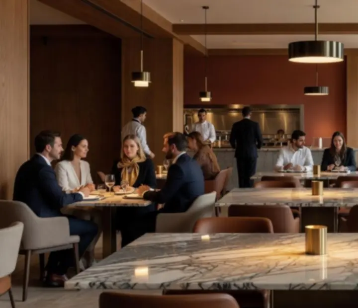 Elegáns, fényárban úszó éttermi enteriőr, pókerasztalokkal és gourmet terítéssel