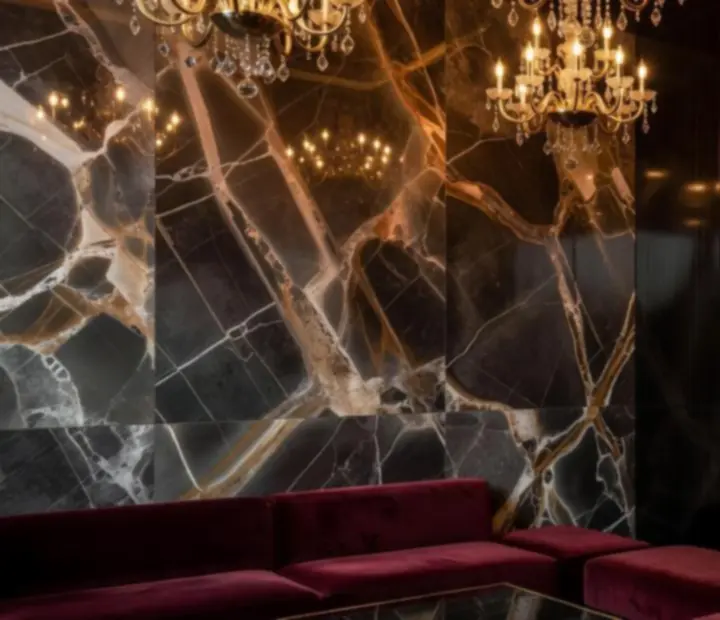 Elegáns enteriőr: márvány felületek, meleg fényű designer lámpák és intim lounge sarkok.