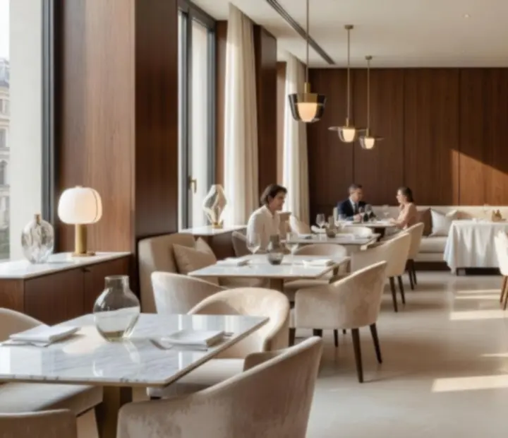 Elegáns, világos fine dining étterem belső tér márvány felületekkel és design világítással
