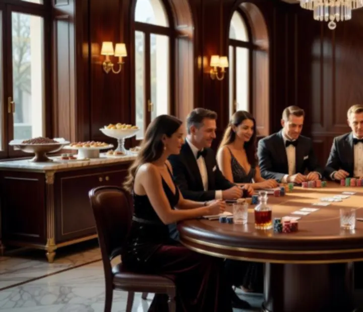 Hangulatos offline poker este elegáns, jól öltözött vendégekkel és meleg fényekkel.