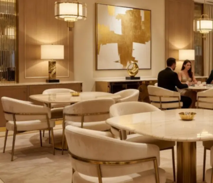 Elegáns, meleg fényben úszó privát poker lounge designer asztalokkal és finom dining hangulattal.