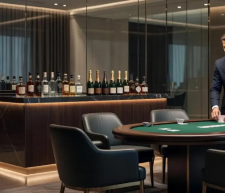 Hangulatos poker terem, meleg színek, designer világítás és kifinomult asztal-elrendezés.